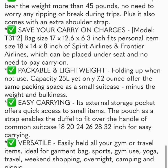 For Spirit Airlines Personal Item Bag 18x14x8 Foldable Travel Duffel Bag Tote - Picture 9 of 9